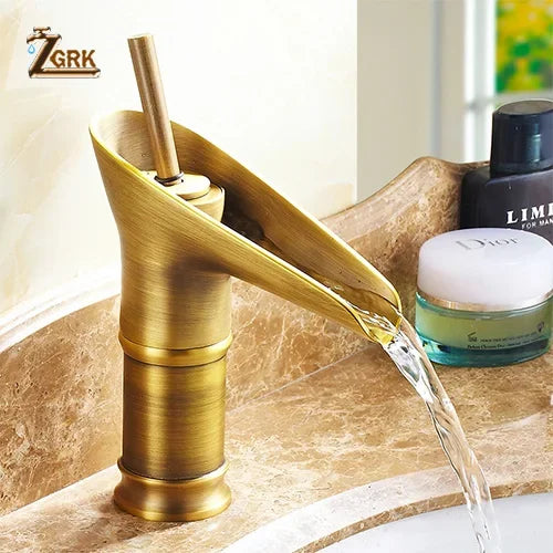 Grifo de lavabo clásico estilo antiguo, grifo de baño en cascada, grifo de agua caliente y fría, grifo de bronce de un solo orificio tipo copa