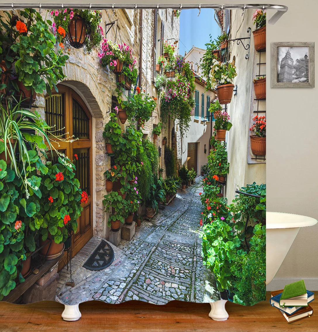 European Landscape Shower Curtain Waterproof Bathroom Curtain Polyester Fabric Bath Curtains 3D Printed with Hooks Bath Screen