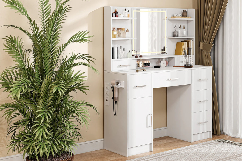 Tocador con espejo LED, con multienchufe, 7 cajones y 6 estantes abiertos