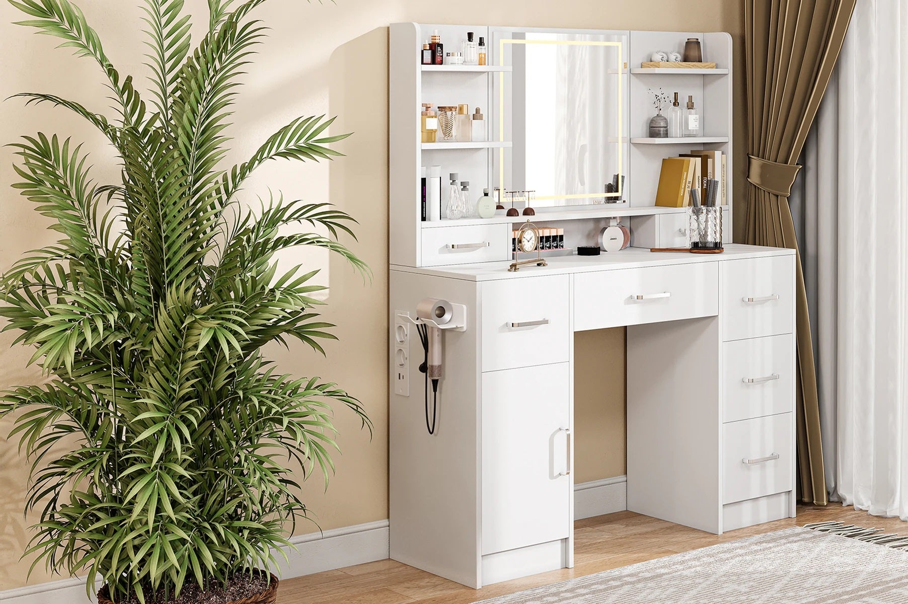 Tocador con espejo LED, con multienchufe, 7 cajones y 6 estantes abiertos