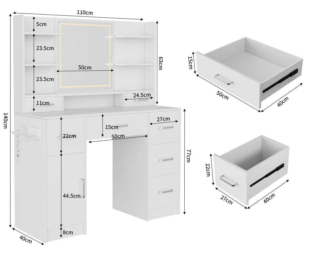 Tocador con espejo LED, con multienchufe, 7 cajones y 6 estantes abiertos