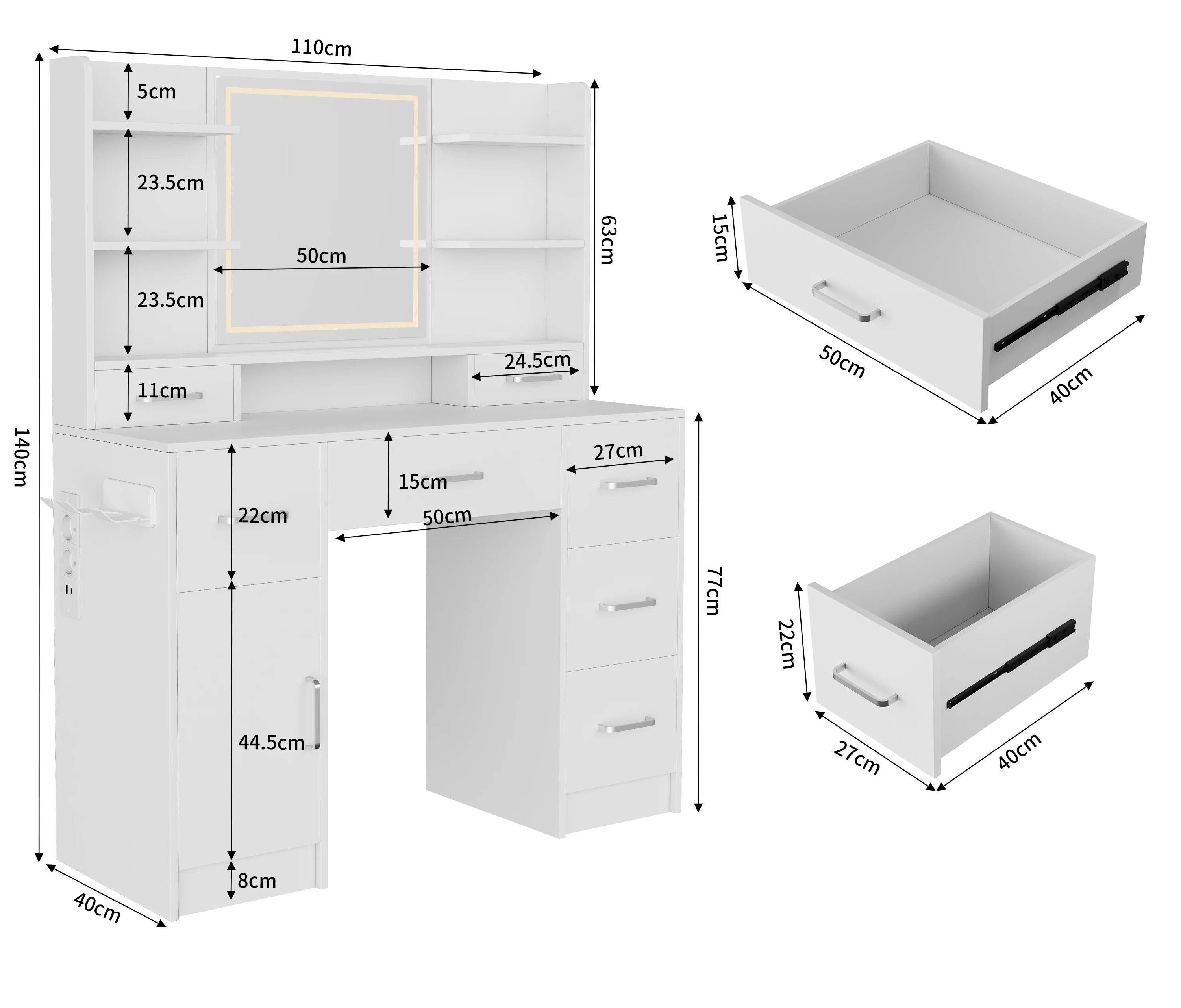 Tocador con espejo LED, con multienchufe, 7 cajones y 6 estantes abiertos