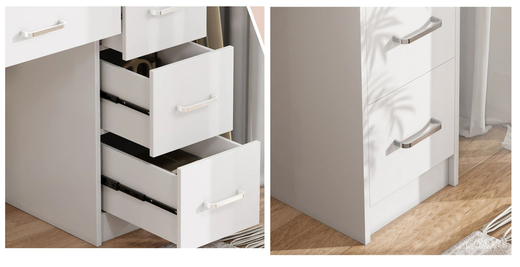 Tocador con espejo LED, con multienchufe, 7 cajones y 6 estantes abiertos