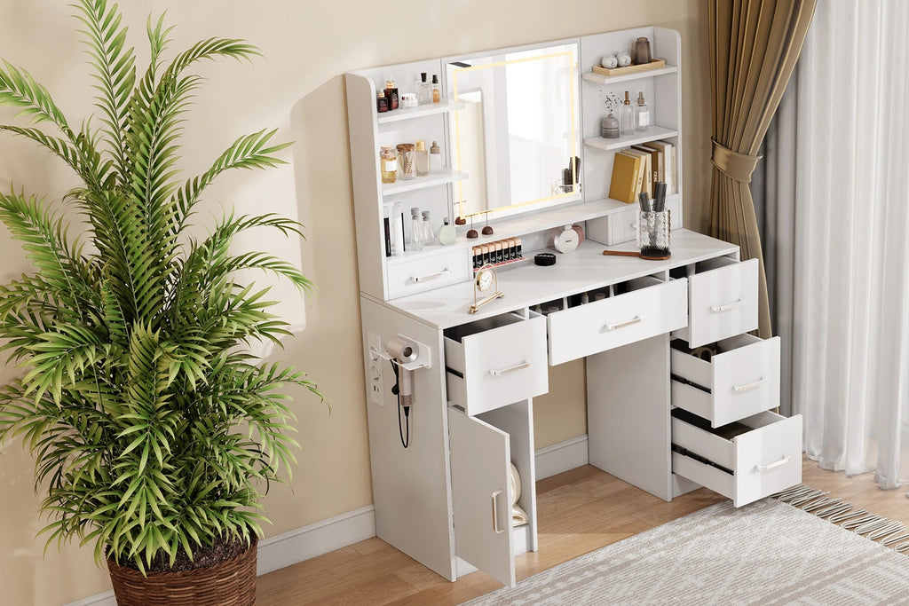 Tocador con espejo LED, con multienchufe, 7 cajones y 6 estantes abiertos
