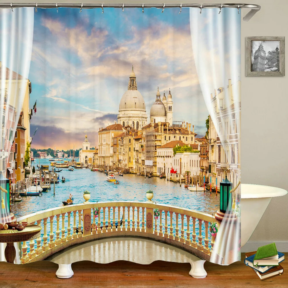 European Landscape Shower Curtain Waterproof Bathroom Curtain Polyester Fabric Bath Curtains 3D Printed with Hooks Bath Screen