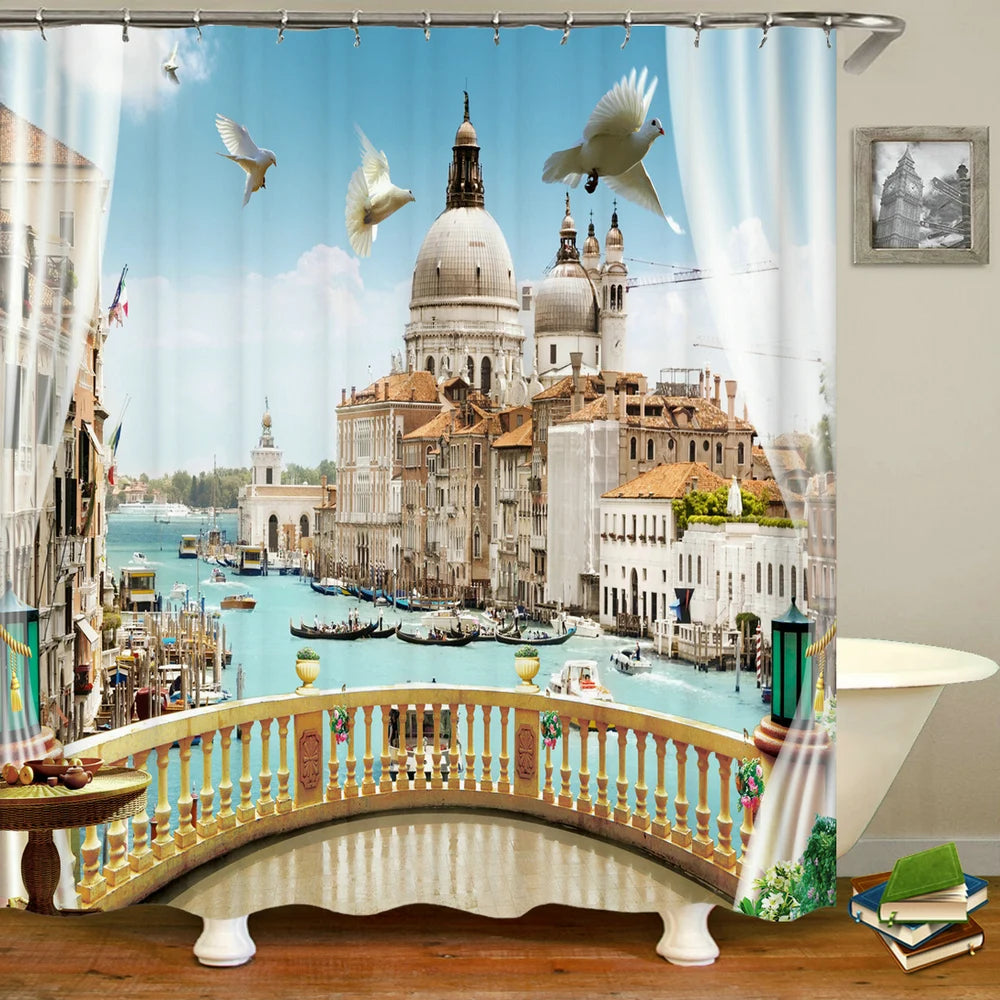 European Landscape Shower Curtain Waterproof Bathroom Curtain Polyester Fabric Bath Curtains 3D Printed with Hooks Bath Screen