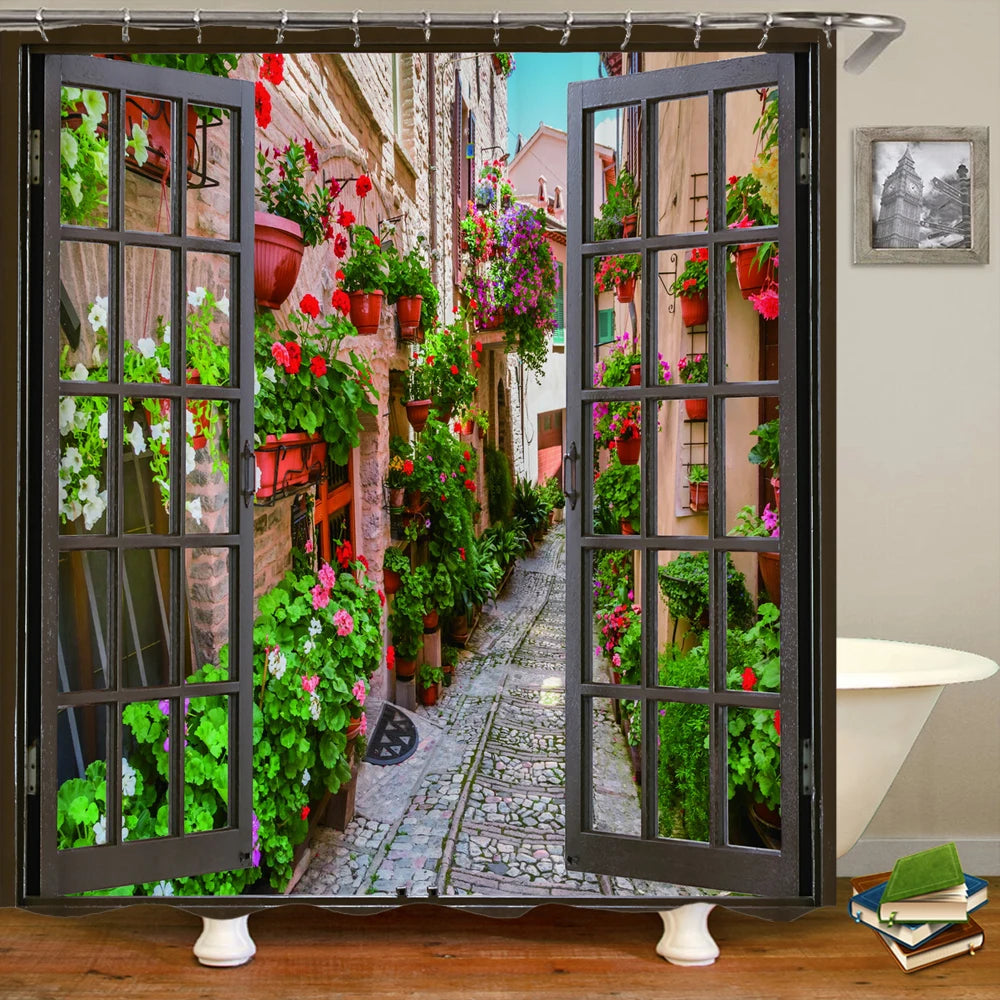 European Landscape Shower Curtain Waterproof Bathroom Curtain Polyester Fabric Bath Curtains 3D Printed with Hooks Bath Screen