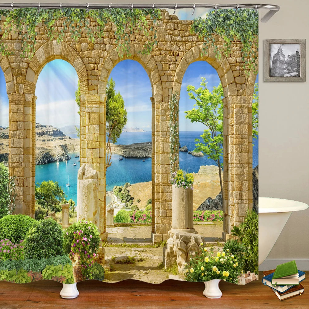 European Landscape Shower Curtain Waterproof Bathroom Curtain Polyester Fabric Bath Curtains 3D Printed with Hooks Bath Screen