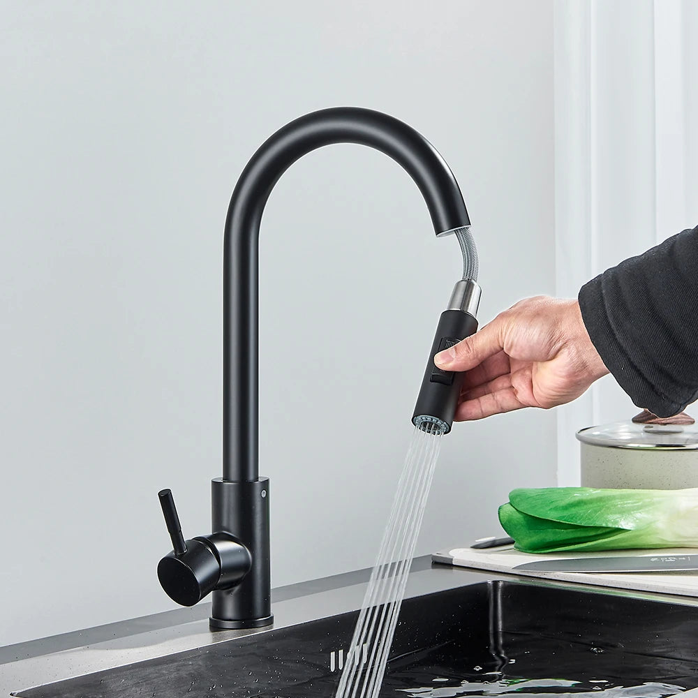 Black Kitchen Faucet Two Function Single Handle Pull Out Mixer Hot and Cold Water Taps Deck Mounted