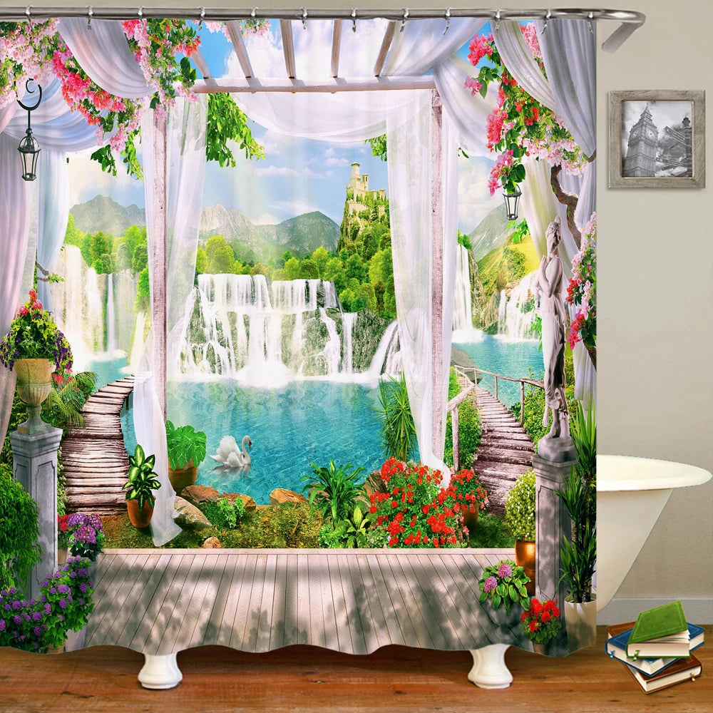 European Landscape Shower Curtain Waterproof Bathroom Curtain Polyester Fabric Bath Curtains 3D Printed with Hooks Bath Screen