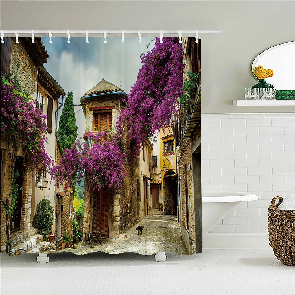 European Landscape Shower Curtain Waterproof Bathroom Curtain Polyester Fabric Bath Curtains 3D Printed with Hooks Bath Screen