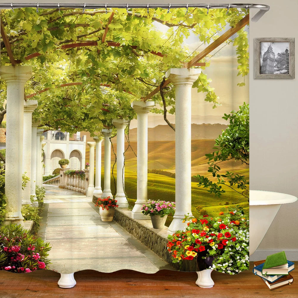 European Landscape Shower Curtain Waterproof Bathroom Curtain Polyester Fabric Bath Curtains 3D Printed with Hooks Bath Screen