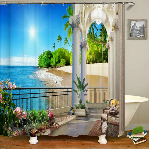 European Landscape Shower Curtain Waterproof Bathroom Curtain Polyester Fabric Bath Curtains 3D Printed with Hooks Bath Screen