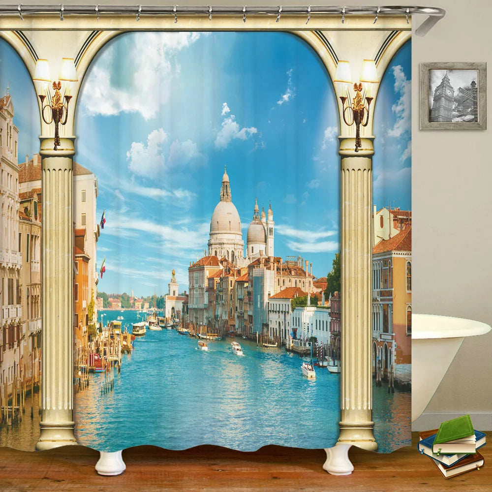 European Landscape Shower Curtain Waterproof Bathroom Curtain Polyester Fabric Bath Curtains 3D Printed with Hooks Bath Screen