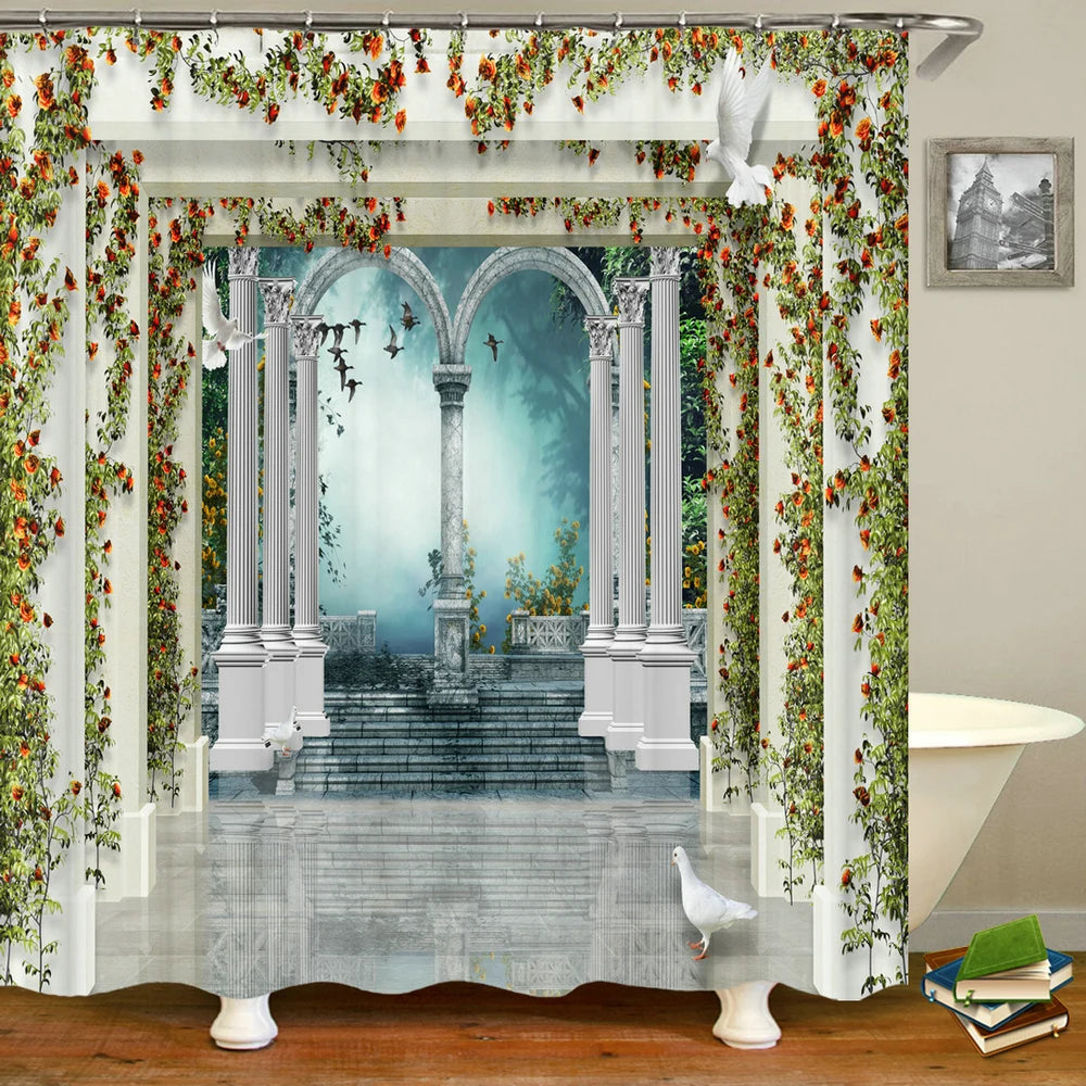 European Landscape Shower Curtain Waterproof Bathroom Curtain Polyester Fabric Bath Curtains 3D Printed with Hooks Bath Screen