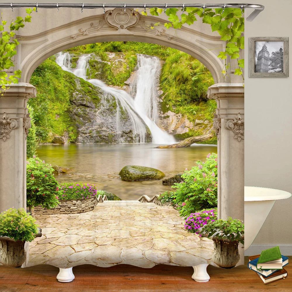 European Landscape Shower Curtain Waterproof Bathroom Curtain Polyester Fabric Bath Curtains 3D Printed with Hooks Bath Screen
