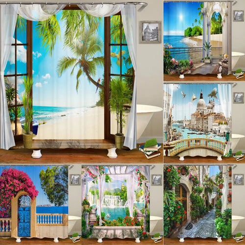 European Landscape Shower Curtain Waterproof Bathroom Curtain Polyester Fabric Bath Curtains 3D Printed with Hooks Bath Screen