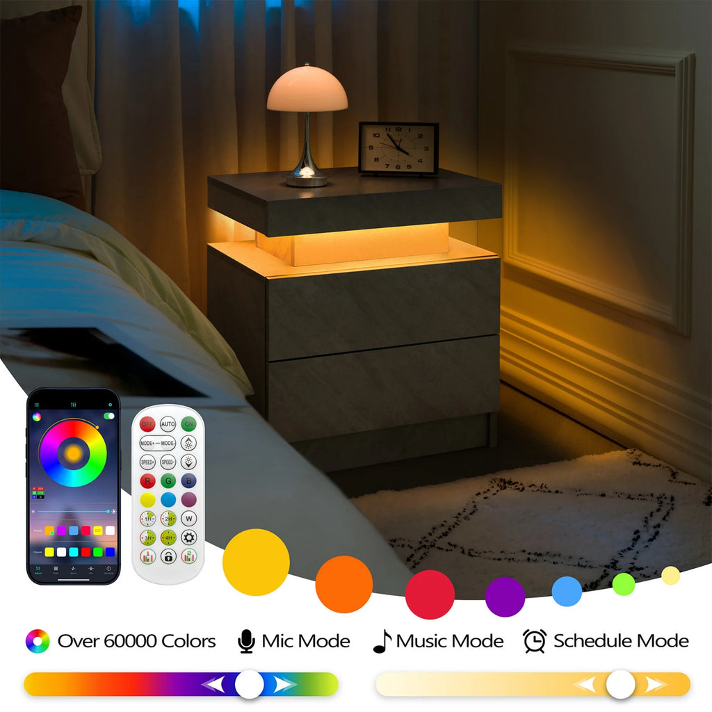 Mesita de noche LED con 2 cajones, luz regulable