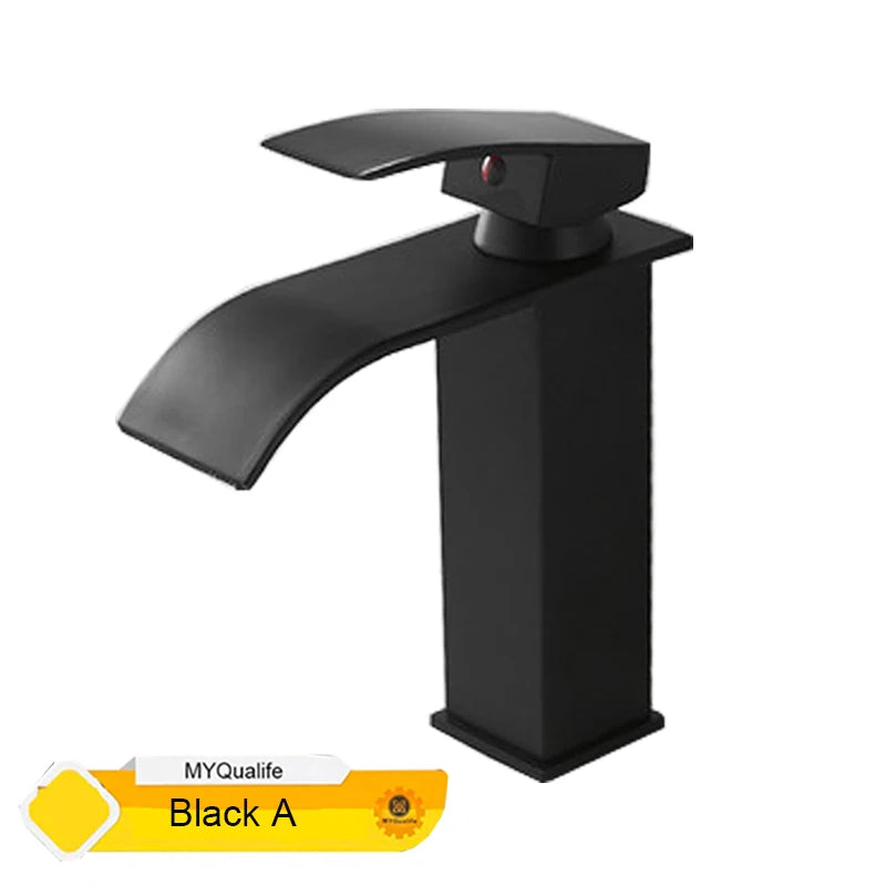 Grifo de baño cascada negro, lavabo, lavabo de tocador, grifo mezclador, grifo de agua fría y caliente, grifos de lavabo de baño de un solo orificio, grúa