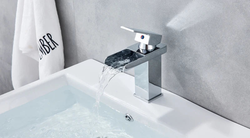 Grifo de baño cascada negro, lavabo, lavabo de tocador, grifo mezclador, grifo de agua fría y caliente, grifos de lavabo de baño de un solo orificio, grúa