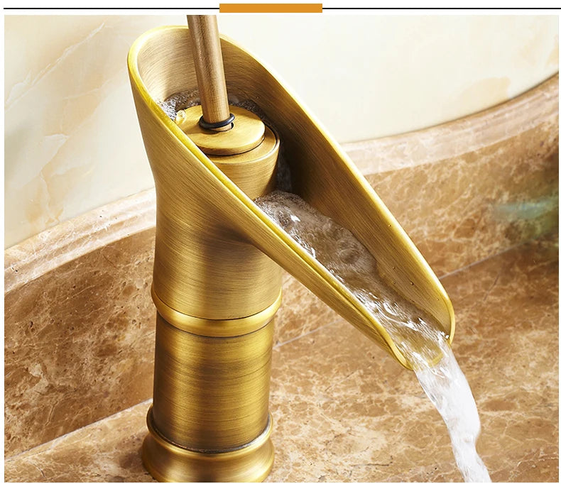 Grifo de lavabo clásico estilo antiguo, grifo de baño en cascada, grifo de agua caliente y fría, grifo de bronce de un solo orificio tipo copa