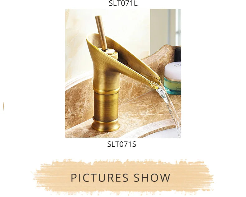 Grifo de lavabo clásico estilo antiguo, grifo de baño en cascada, grifo de agua caliente y fría, grifo de bronce de un solo orificio tipo copa