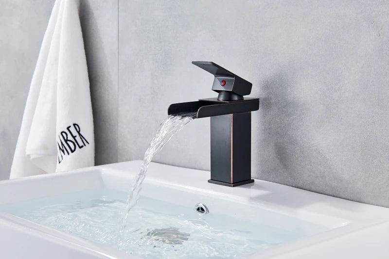 Grifo de baño cascada negro, lavabo, lavabo de tocador, grifo mezclador, grifo de agua fría y caliente, grifos de lavabo de baño de un solo orificio, grúa