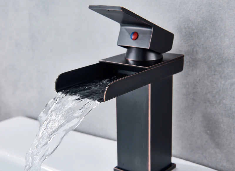 Grifo de baño cascada negro, lavabo, lavabo de tocador, grifo mezclador, grifo de agua fría y caliente, grifos de lavabo de baño de un solo orificio, grúa