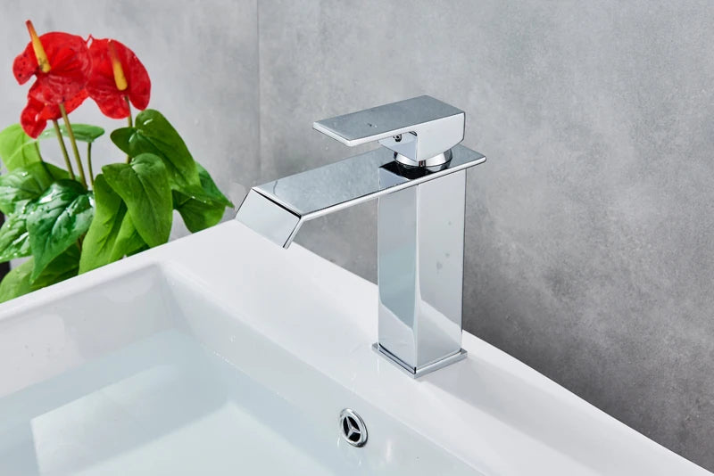 Grifo de baño cascada negro, lavabo, lavabo de tocador, grifo mezclador, grifo de agua fría y caliente, grifos de lavabo de baño de un solo orificio, grúa
