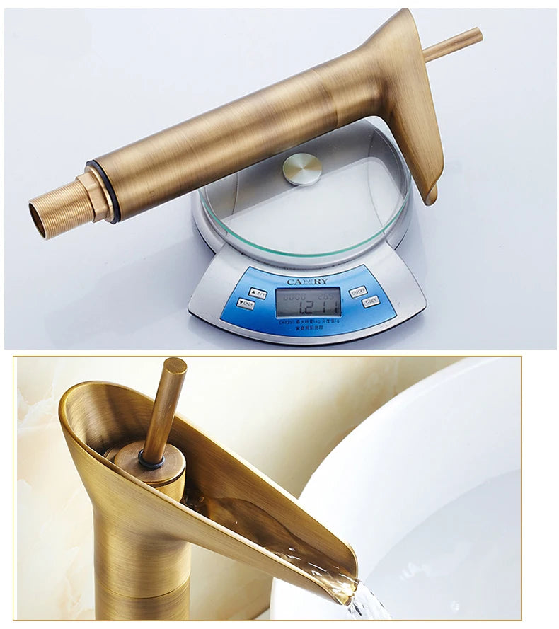 Grifo de lavabo clásico estilo antiguo, grifo de baño en cascada, grifo de agua caliente y fría, grifo de bronce de un solo orificio tipo copa