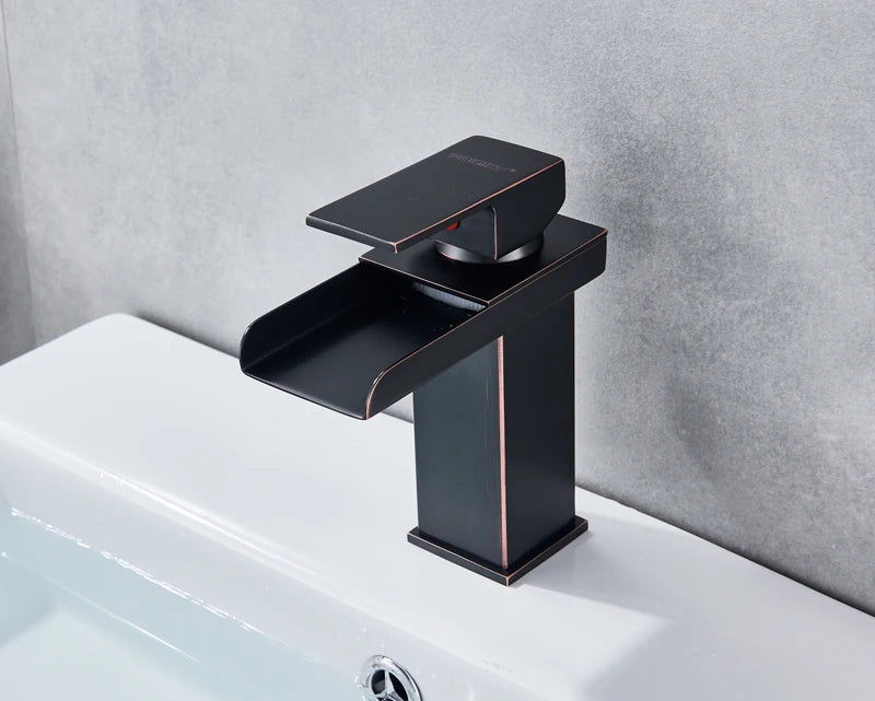 Grifo de baño cascada negro, lavabo, lavabo de tocador, grifo mezclador, grifo de agua fría y caliente, grifos de lavabo de baño de un solo orificio, grúa