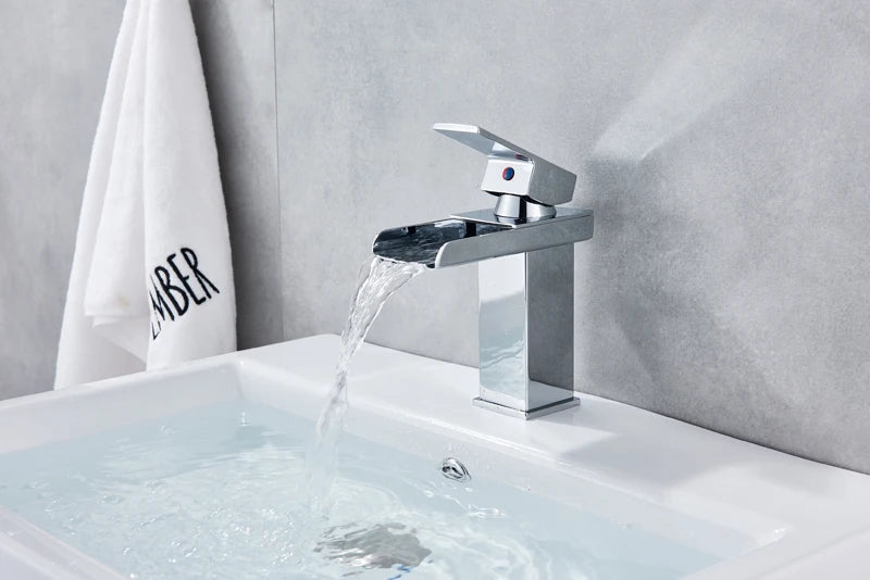 Grifo de baño cascada negro, lavabo, lavabo de tocador, grifo mezclador, grifo de agua fría y caliente, grifos de lavabo de baño de un solo orificio, grúa
