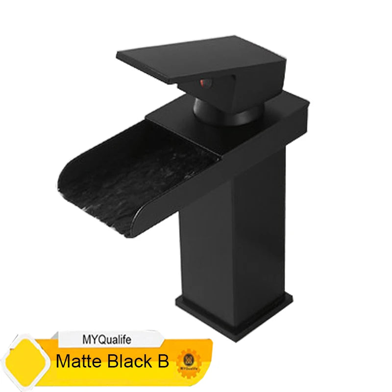 Grifo de baño cascada negro, lavabo, lavabo de tocador, grifo mezclador, grifo de agua fría y caliente, grifos de lavabo de baño de un solo orificio, grúa