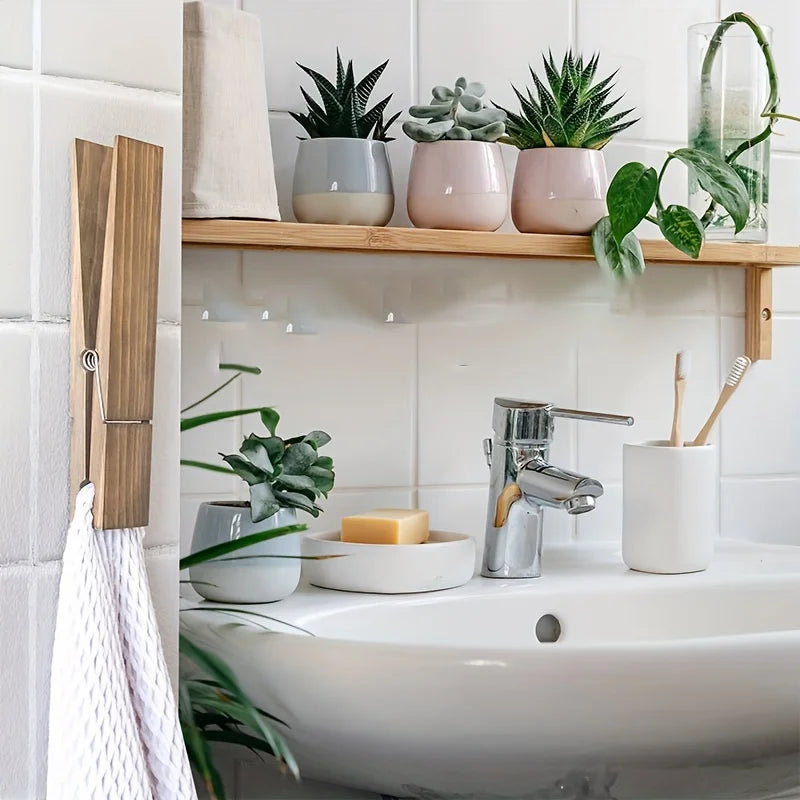 Toallero de madera extragrande con clip: elegante toallero de pared para baño y lavandería. Decoración y almacenamiento.