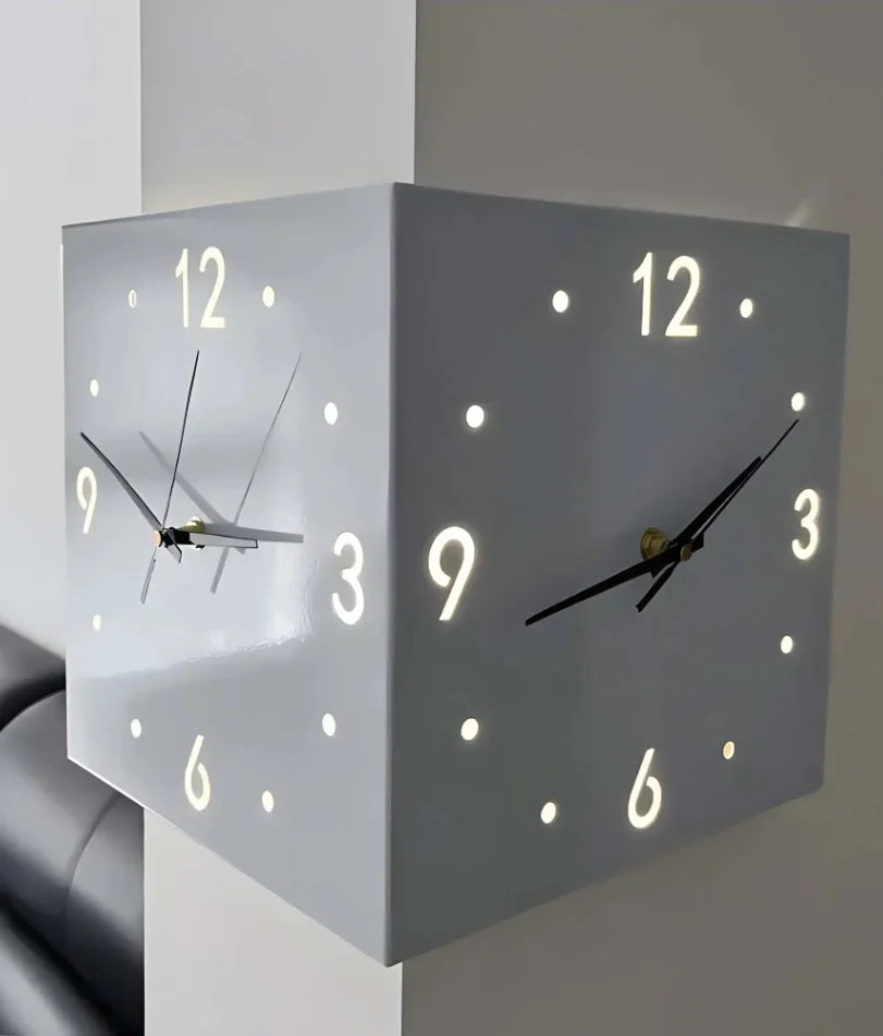 Reloj de pared moderno de esquina, luminoso de doble cara
