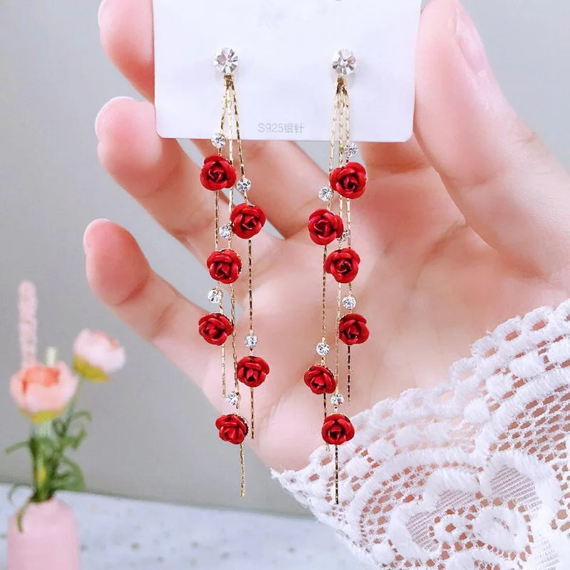 Pendientes retro con flores rosas para mujer