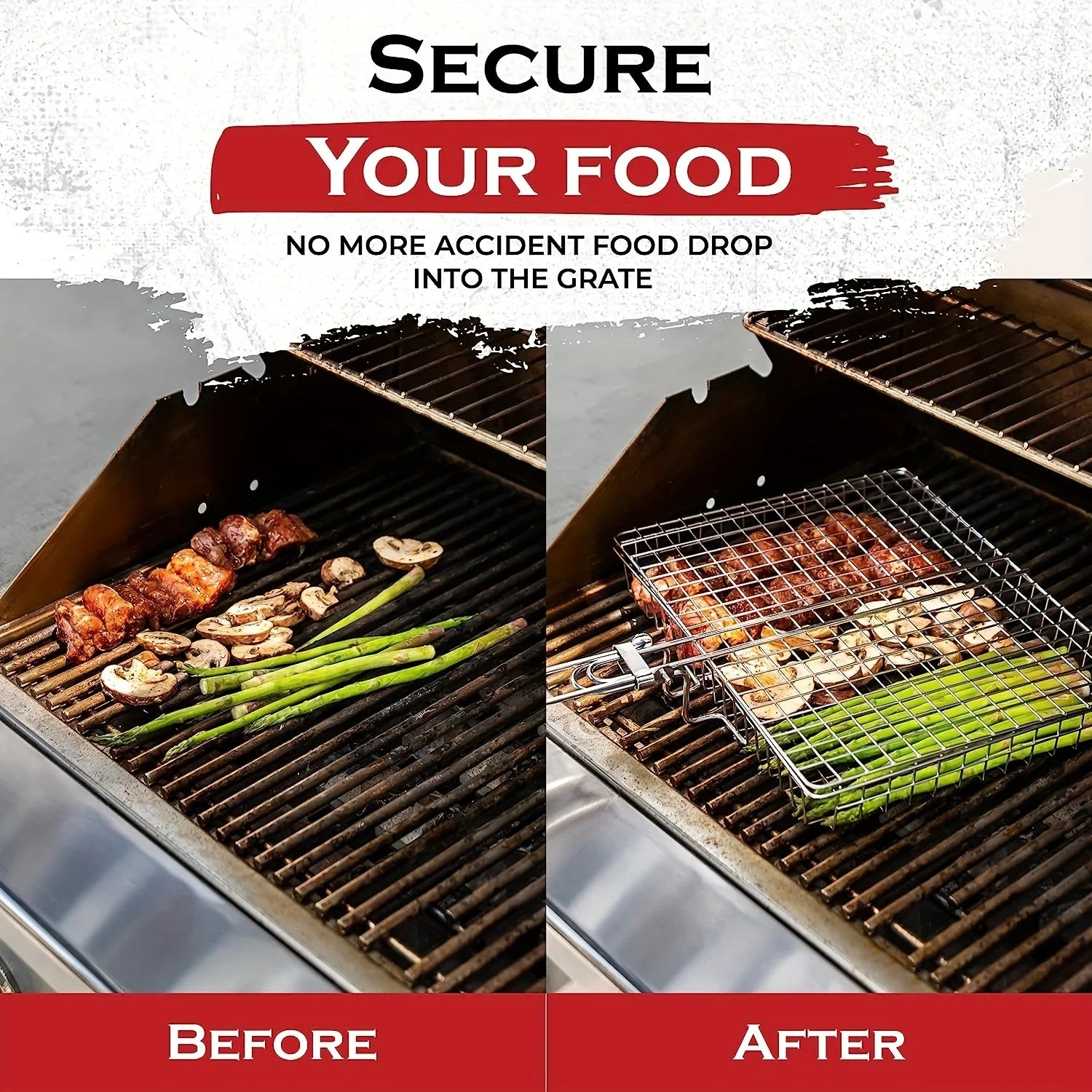 Rejilla de barbacoa plegable y gruesa de acero inoxidable con gran capacidad para asar pollo y cesta para asar con asa.