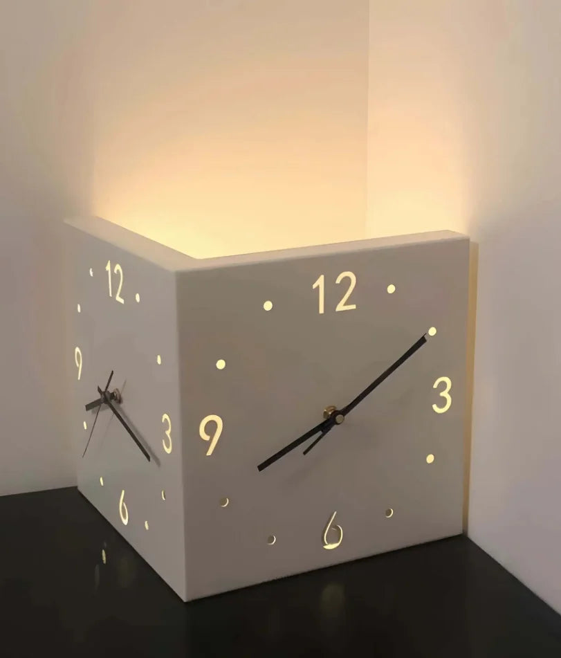 Reloj de pared moderno de esquina, luminoso de doble cara