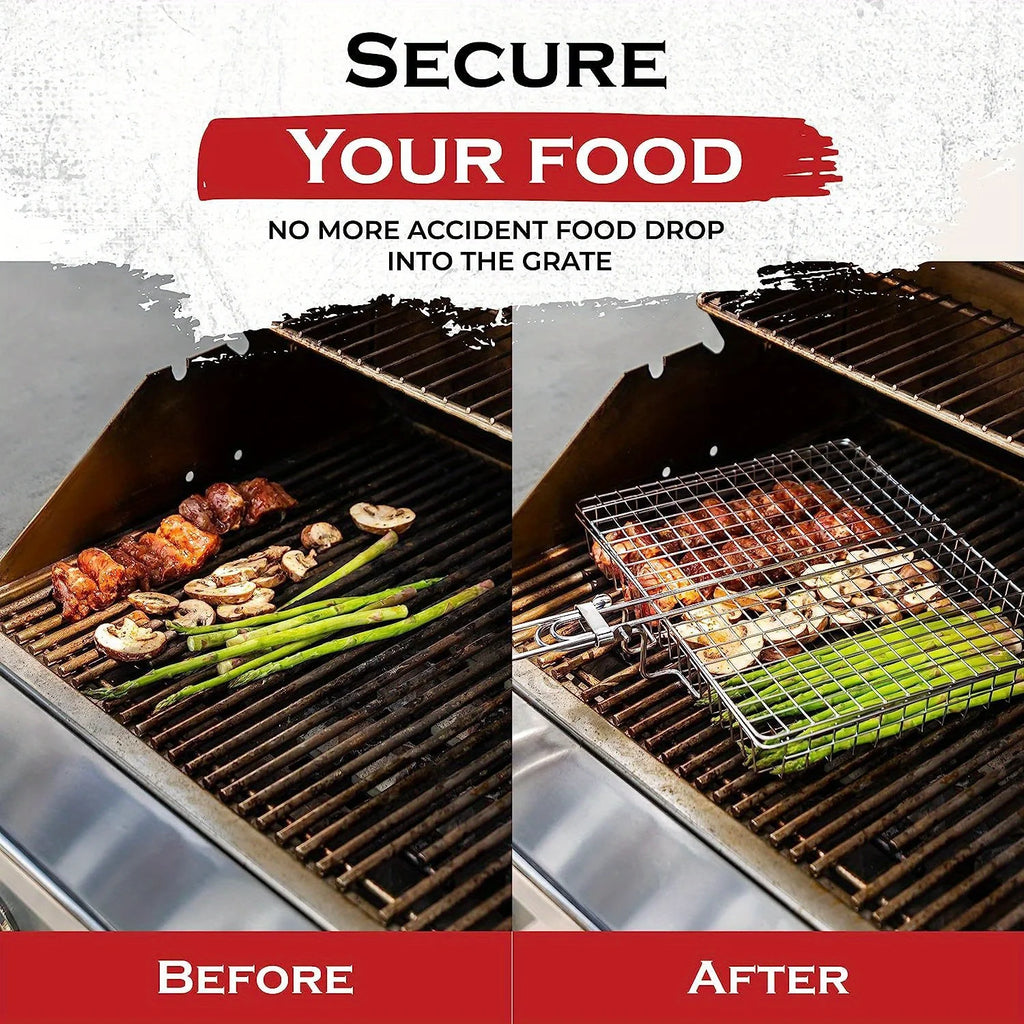 Rejilla de barbacoa plegable y gruesa de acero inoxidable con gran capacidad para asar pollo y cesta para asar con asa.