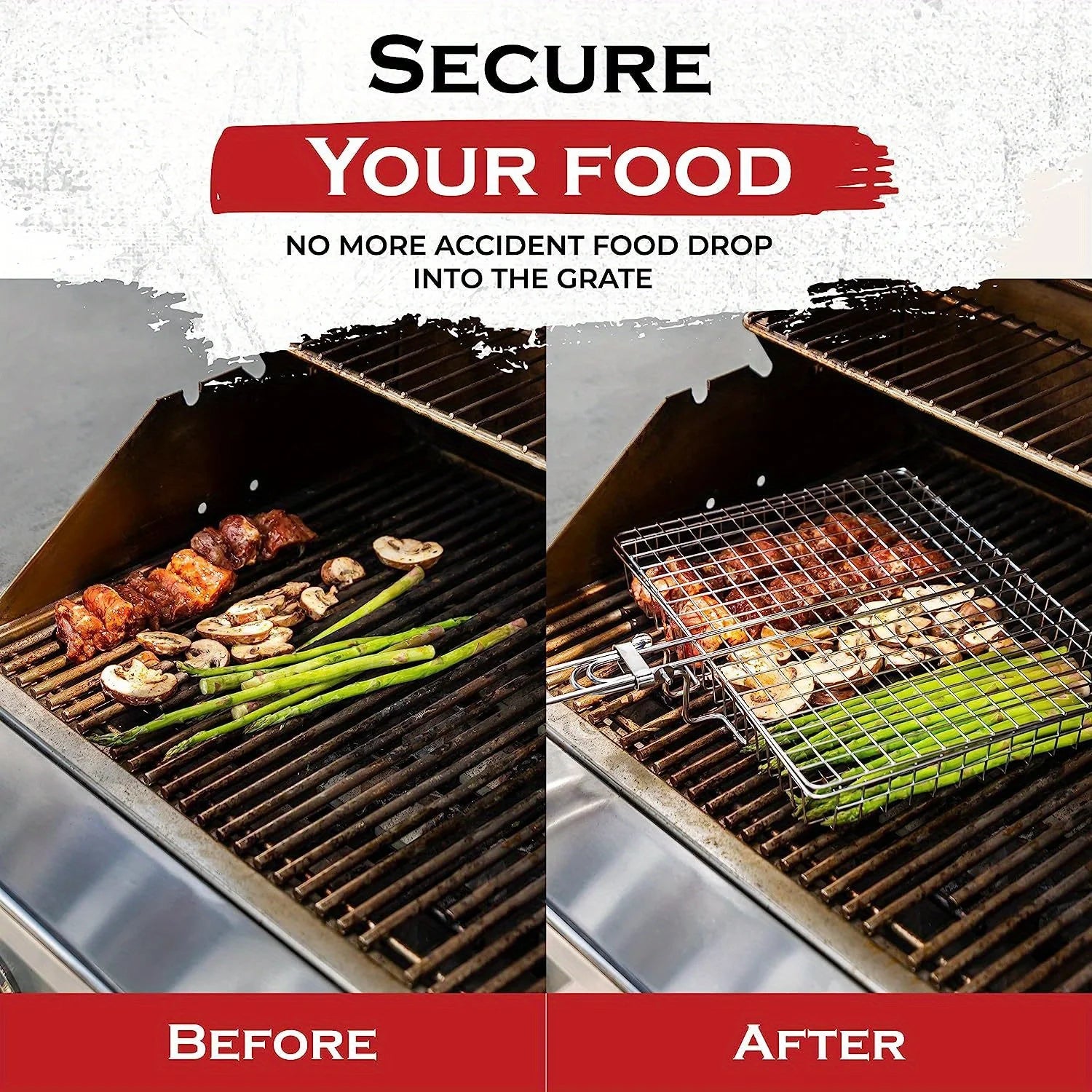 Rejilla de barbacoa plegable y gruesa de acero inoxidable con gran capacidad para asar pollo y cesta para asar con asa.