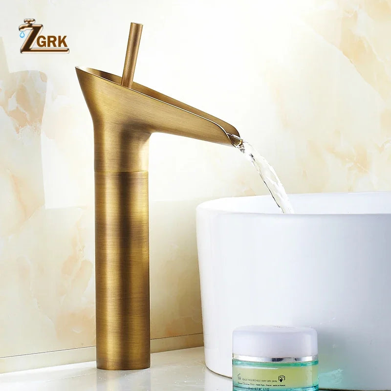 Grifo de lavabo clásico estilo antiguo, grifo de baño en cascada, grifo de agua caliente y fría, grifo de bronce de un solo orificio tipo copa