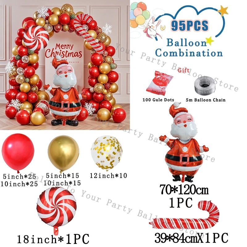 Decoración navideña: guirnalda de globos, arco, piruleta, bastón de caramelo, globo metalizado, globo rojo y verde.
