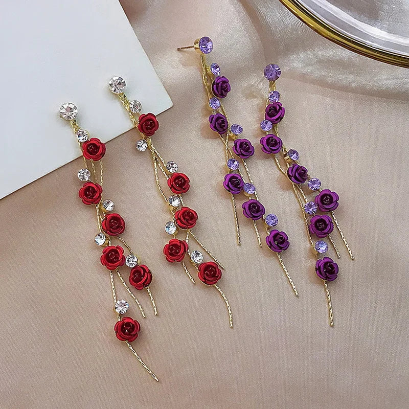 Pendientes retro con flores rosas para mujer