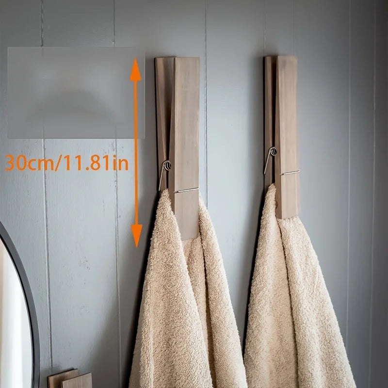 Toallero de madera extragrande con clip: elegante toallero de pared para baño y lavandería. Decoración y almacenamiento.