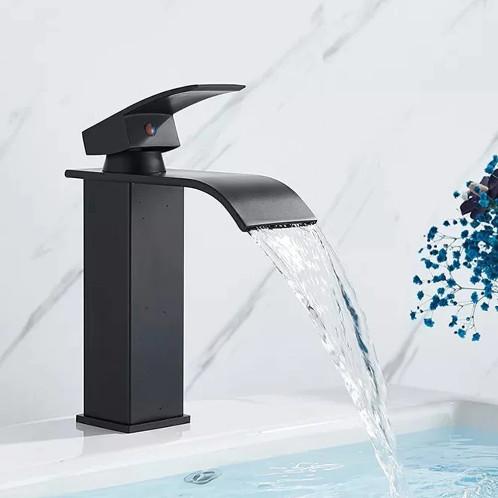 Grifo de baño cascada negro, lavabo, lavabo de tocador, grifo mezclador, grifo de agua fría y caliente, grifos de lavabo de baño de un solo orificio, grúa