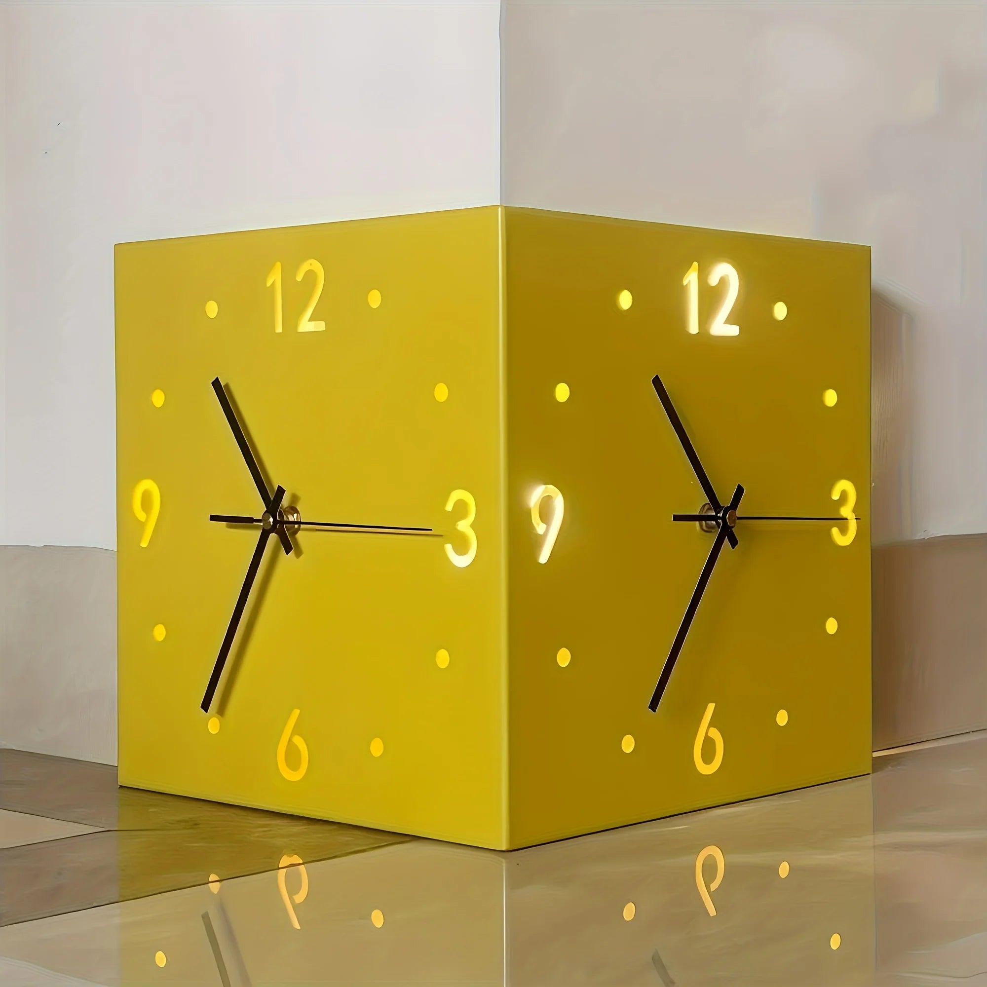 Reloj de pared moderno de esquina, luminoso de doble cara