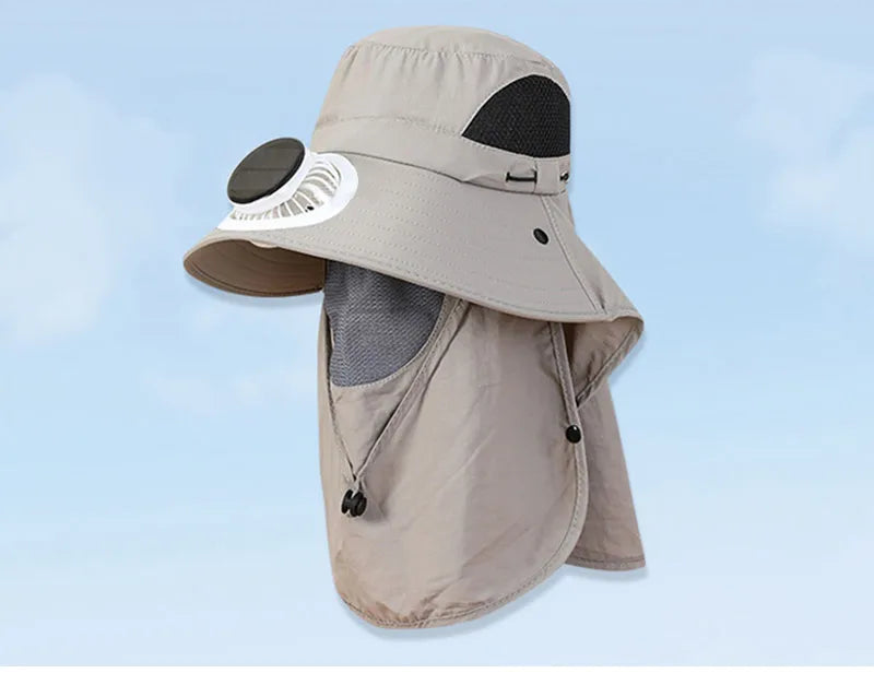Gorra con ventilador solar (carga USB), ala ancha, protección UV y cubrenuca; transpirable e ideal para actividades al aire libre en verano.