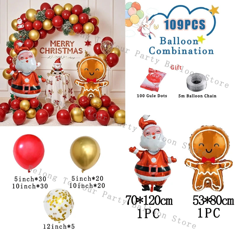 Decoración navideña: guirnalda de globos, arco, piruleta, bastón de caramelo, globo metalizado, globo rojo y verde.