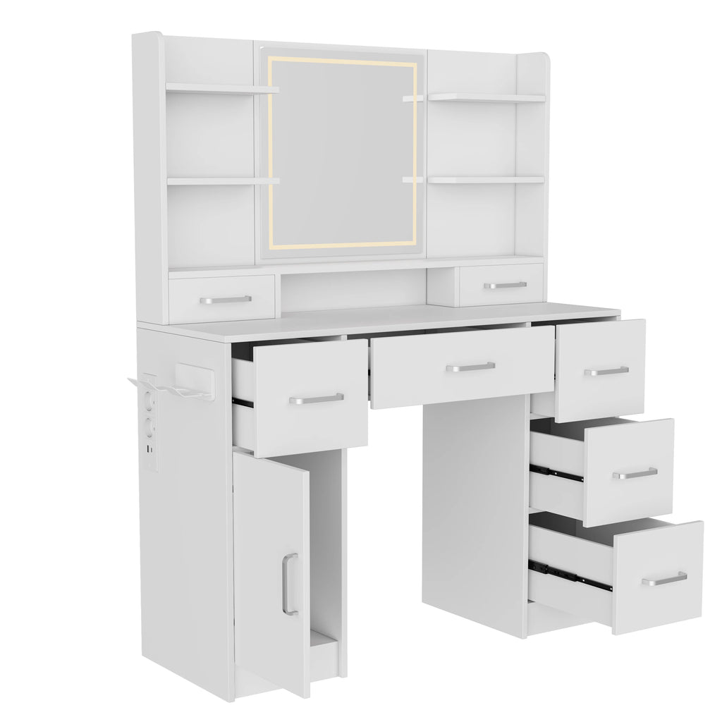 Tocador con espejo LED, con multienchufe, 7 cajones y 6 estantes abiertos