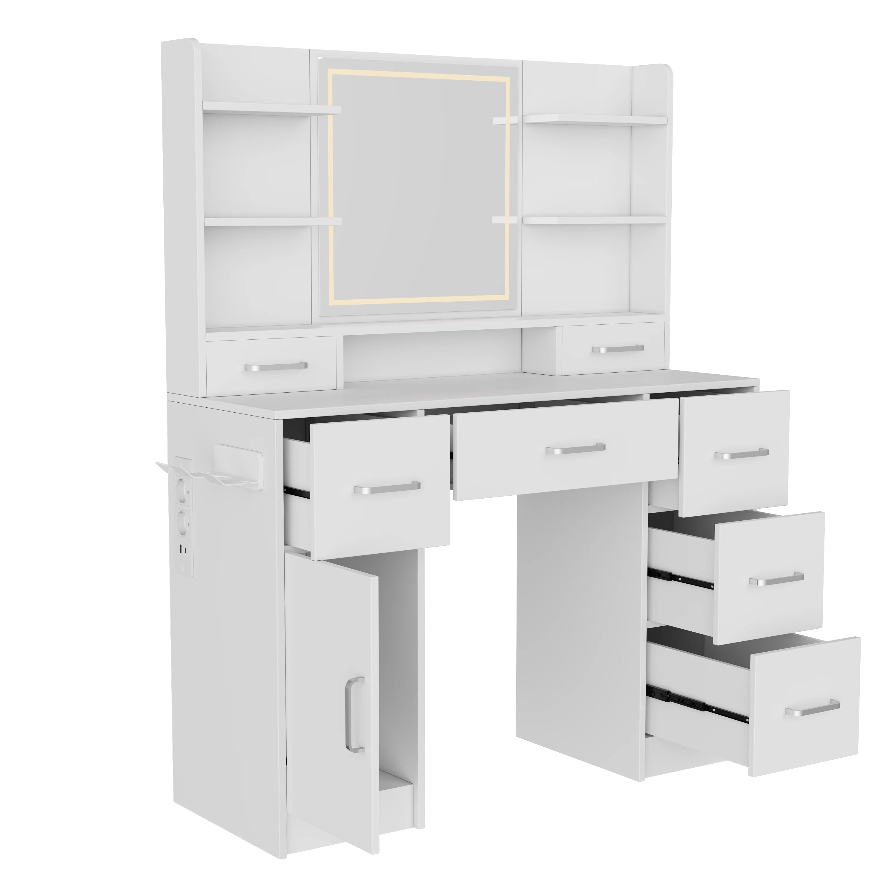 Tocador con espejo LED, con multienchufe, 7 cajones y 6 estantes abiertos